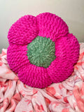 Handmade crochet flower cushion in fuchsia and sage green