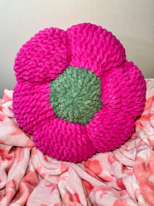 Handmade crochet flower cushion in fuchsia and sage green