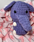 Mini handmade crochet elephant plushie in deep periwinkle with black safety eyes and white tummy detail