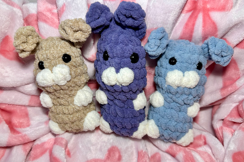 The Hutch Bunnies — Clover (Latte), Violet (Lavender), Slate (Dusty Blue) crochet plushies