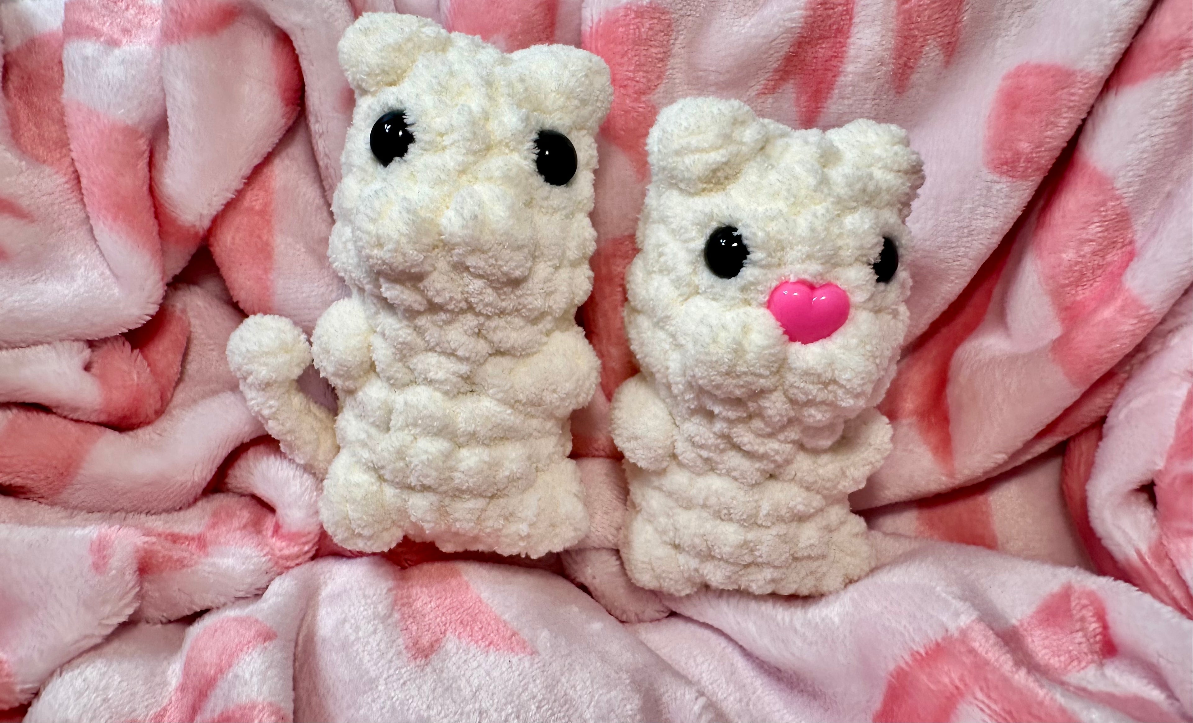 The Hutch Kitties — Biscuit and Mochi crochet plushies in white chenille