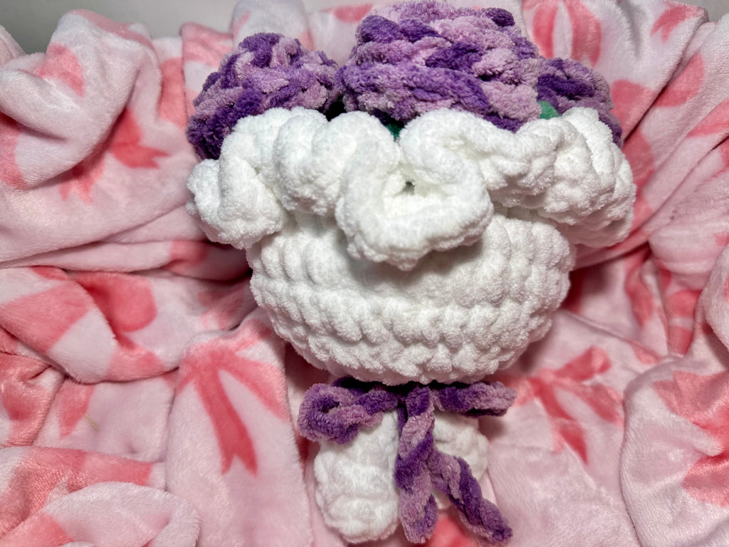 Lavender Rose Bouquet — white wrap with purple bow, side view
