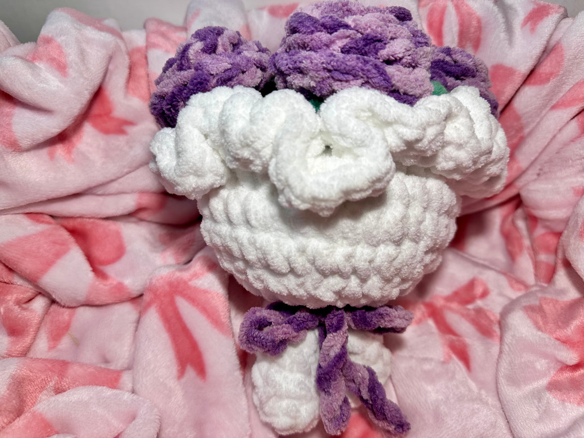 Lavender Rose Bouquet — white wrap with purple bow, side view