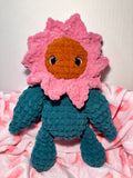 Rosie the Sunflower — handmade crochet sunflower plushie with pink petals and teal body